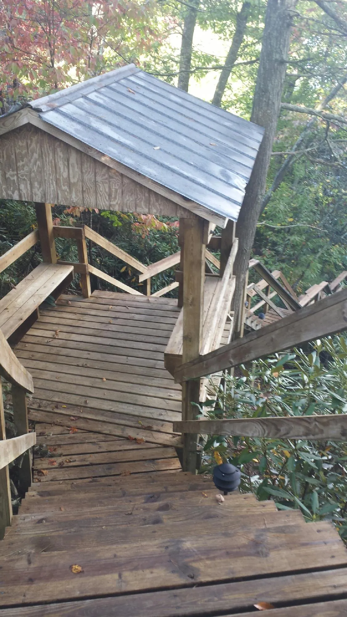 Metal roofed shelter over wooden steps on a wooded walkway — Skylight Repair & Installation work by our crew in Rutherford College